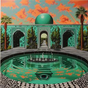 pool  green  dome  palm  trees  chromolithography  minimal  tropical  vibrant  serene 1037777