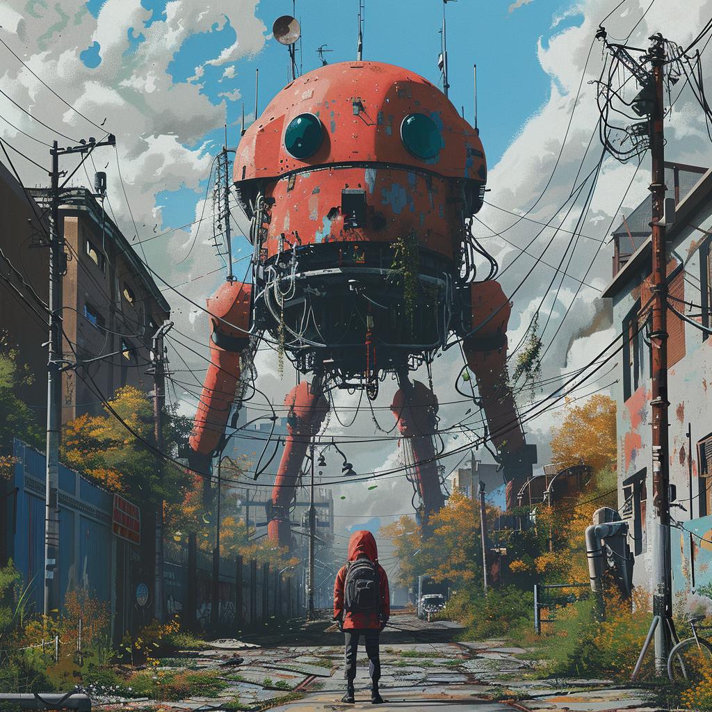 surreal  album  cover  hyper-realistic  screenprinting  robot  alley  Simon  Stalenhag  Seth 960264