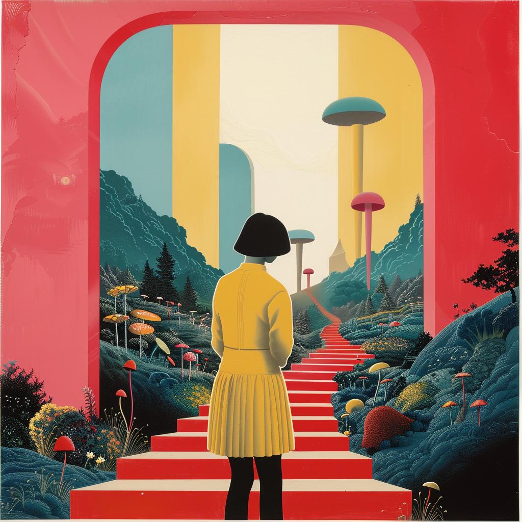 woman  yellow  dress  red  staircase  surreal  design  Joan  Cornella  creative 1018010