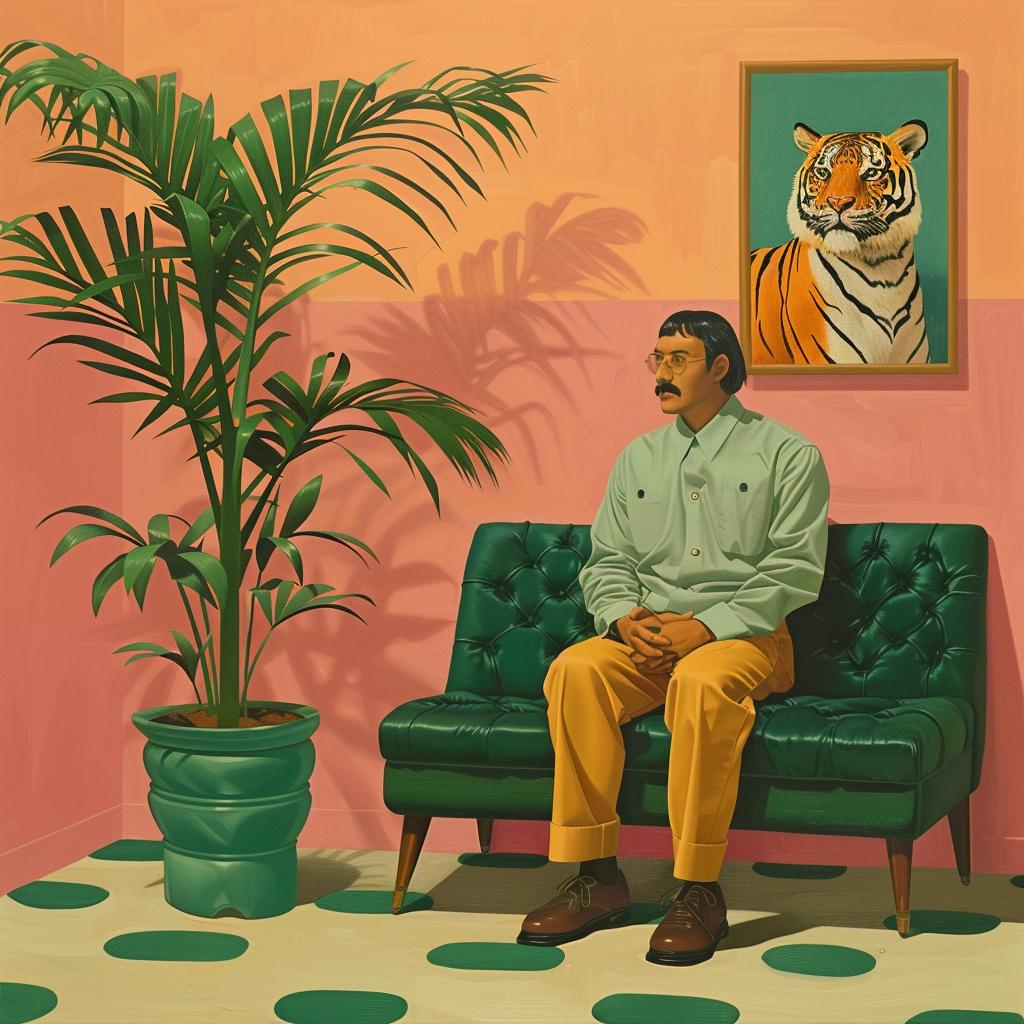 surreal  album  cover  tiger  therapy  Cornella  painting  man  couch  green 1017558