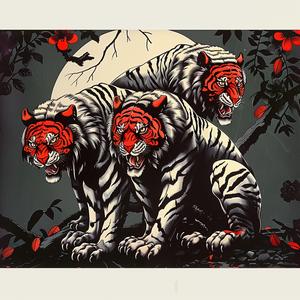 chromolithography  tigers  full  moon  artwork  wildlife  scene  colorful  night  nature 1048781