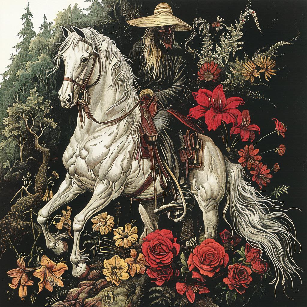 chromolithography  painting  horse  man  flowers  nature  equestrian  night  artwork  vintage 1035932