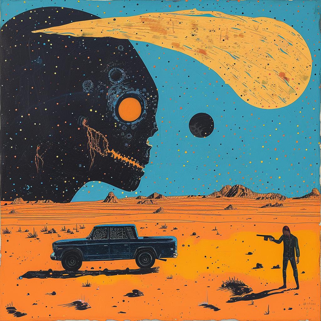 painting  desert  man  truck  planet  creature  scary  intricate  black  colorful 963965