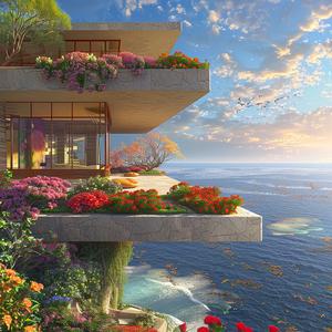 architecture  ocean  blue  flowers  landscape  rendering  modern  design  nature  home 1036473