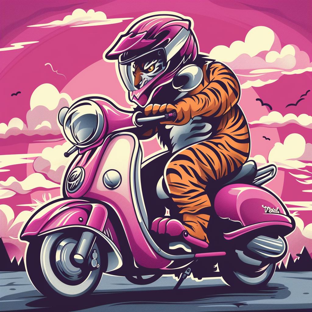 tiger  scooter  pink  playful  whimsical  cartoon  vibrant  animal  urban  humorous 943294
