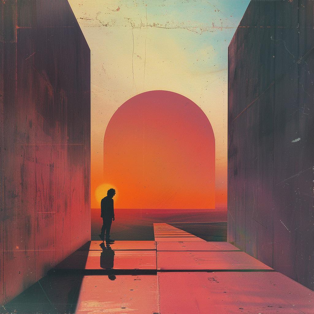 album  cover  1980s  synthwave  trippy  geometric  man  archway  sunset  background 960795