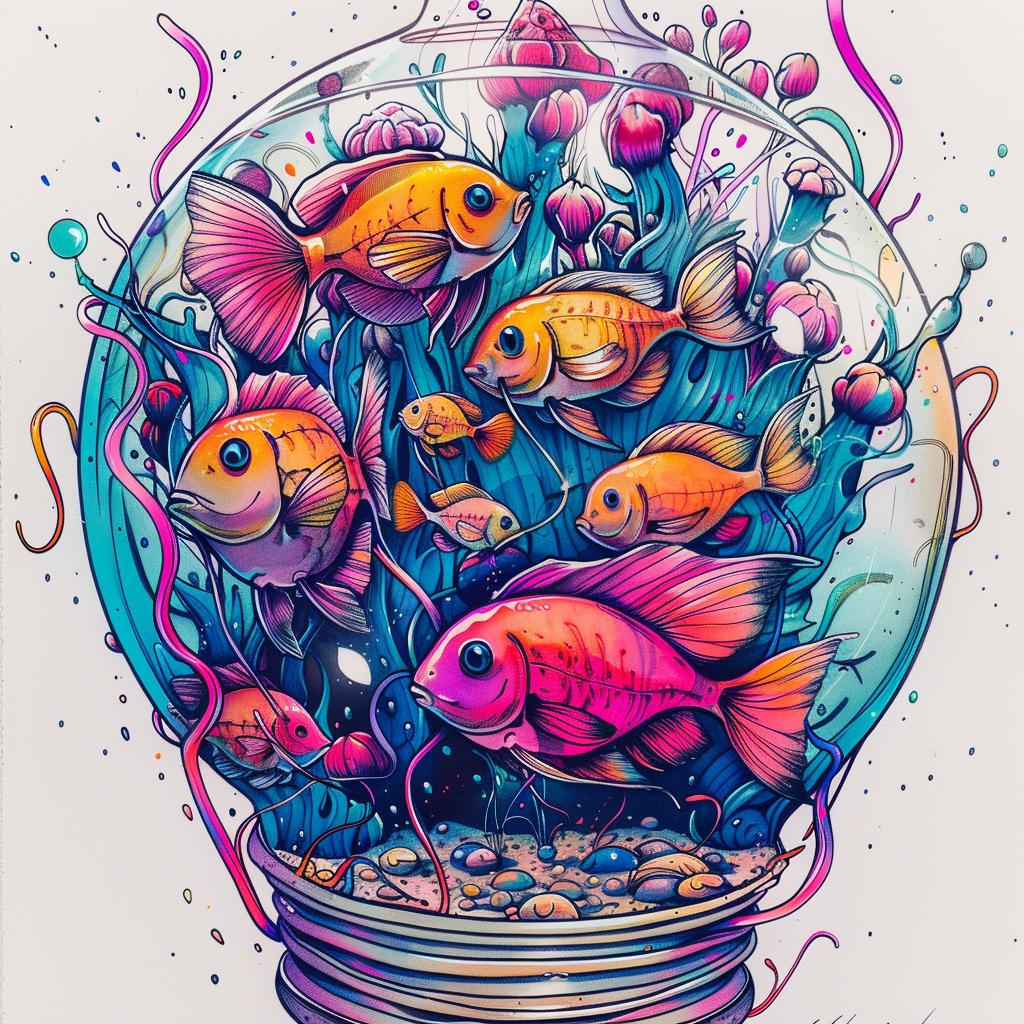 fishbowl  colorful  liquid  aquarium  fish  vibrant  illustration  underwater  artistic  decor 940490