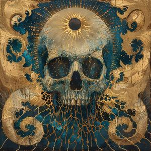 skull  sun  canvas  ArtNouveau  Surrealism  pointillism  gold  indigo  teal  dark 1077011