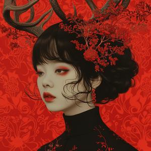 woman  antlers  surreal  album  cover  Risograph  symbolist  hyper-realistic  screenprinting  creative 1077854