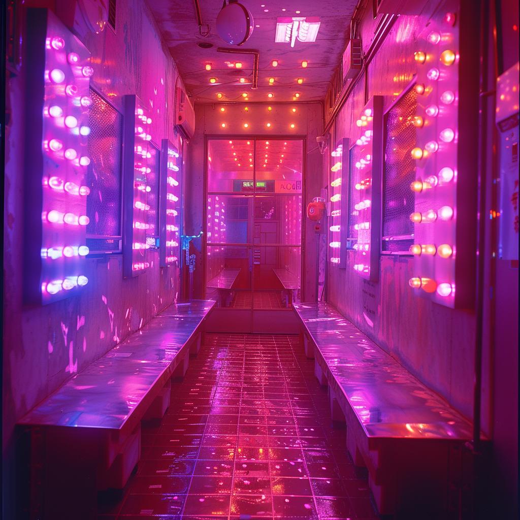 surreal  sci-fi  photo  neon  lights  hallway  pink  bench  atmospheric  glow 965780