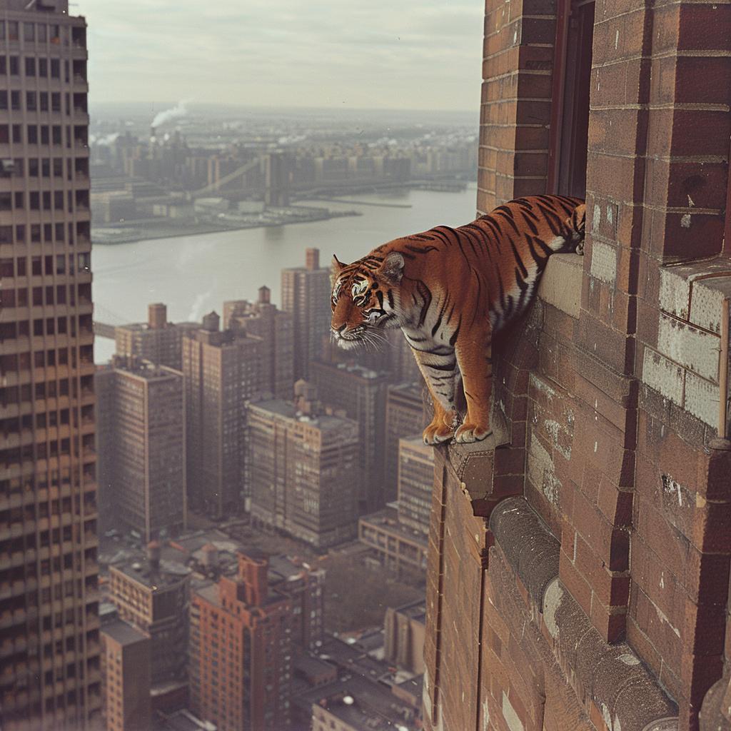 surreal  collage  NYC  tiger  building  highcontrast  urban  vivid  imaginative  bold 970346