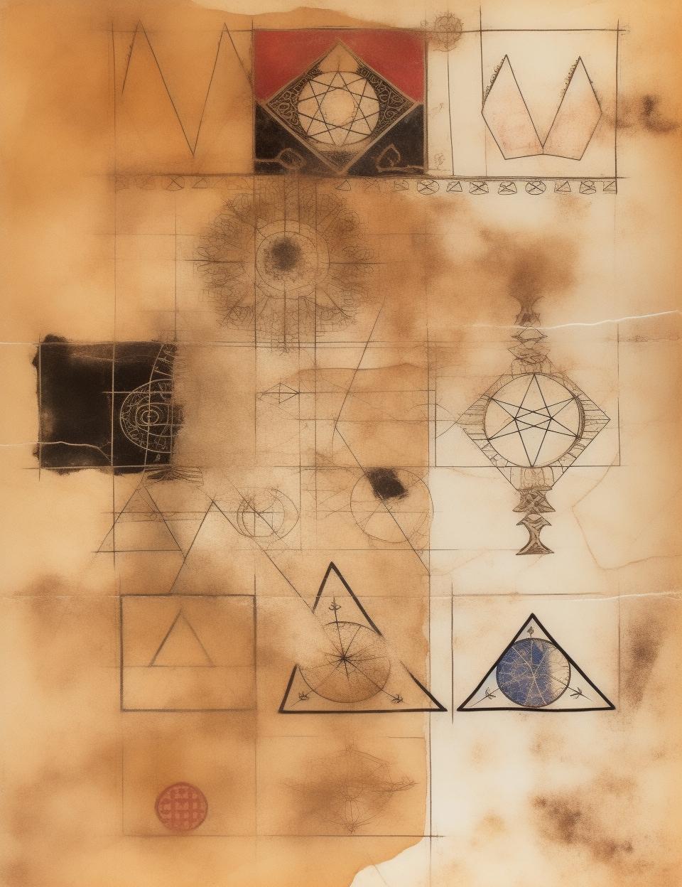 vintage  ledger  paper  stained  faded  patchwork  medieval  symbols  triangle  drawing 961951