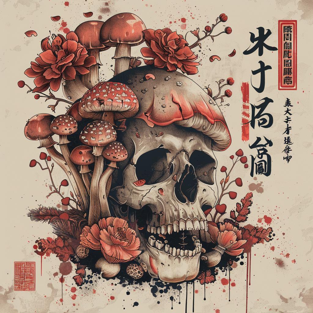 mushrooms  skull  flowers  Chinese  writing  plants  intertwined  spores  drawing  art 1036330