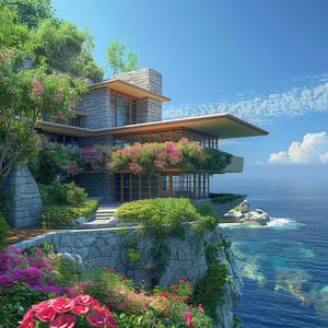 cliff  ocean  flowers  architecture  design  blue  rendering  natural  view  home 1036470