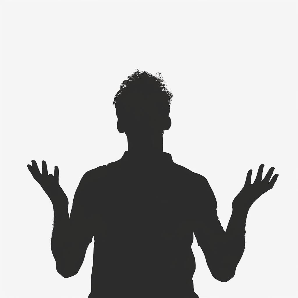 صورة ظلية لرجل لغة الإشارة الأمريكية، رمز إشارة اليدين المرفوعة باللونين الأبيض والأسود 954151