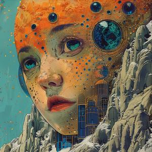 رسم توضيحي فني، رسوم هزلية قديمة، سريالية، تنقيطية، ذهبي، نيلي، أزرق مخضر، وجه 1076600