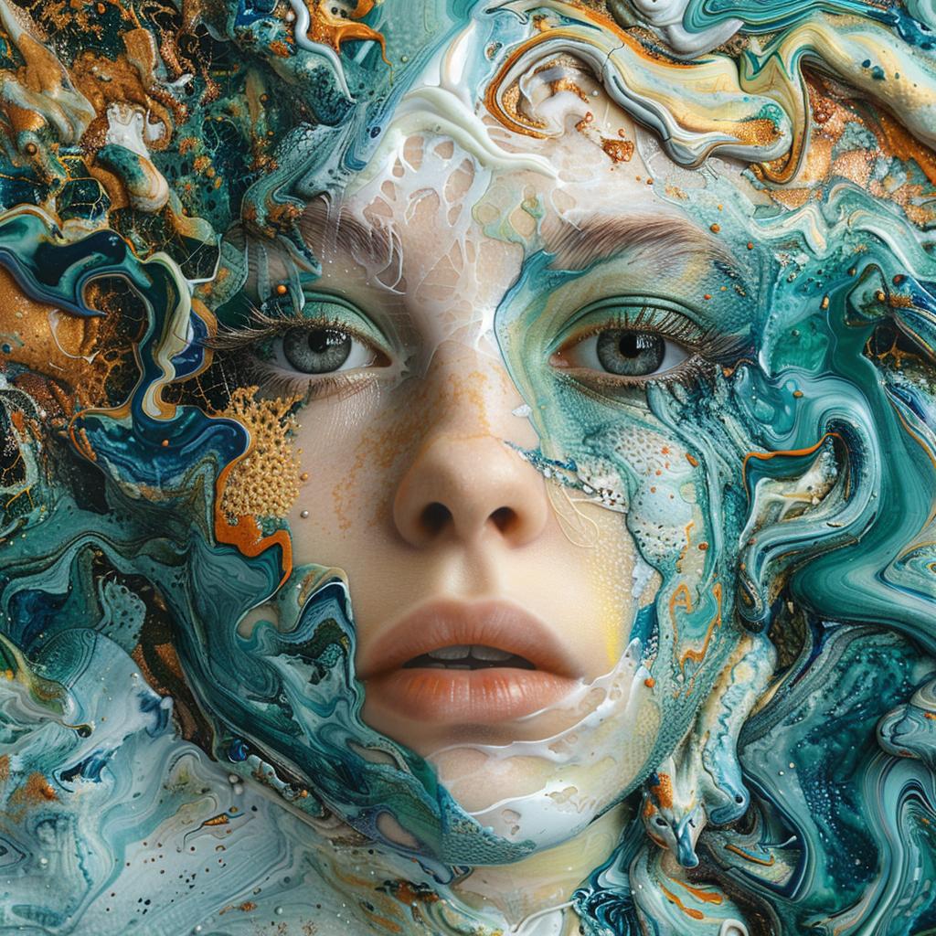 surreal  album  cover  woman  painted  swirls  hyper-realistic  screenprinting  Karol  Bak 959940