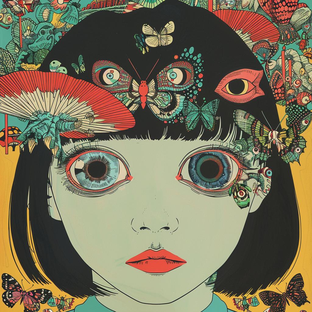 girl  butterflies  eyes  album  cover  surreal  screenprinting  whimsical  art  colorful 960945