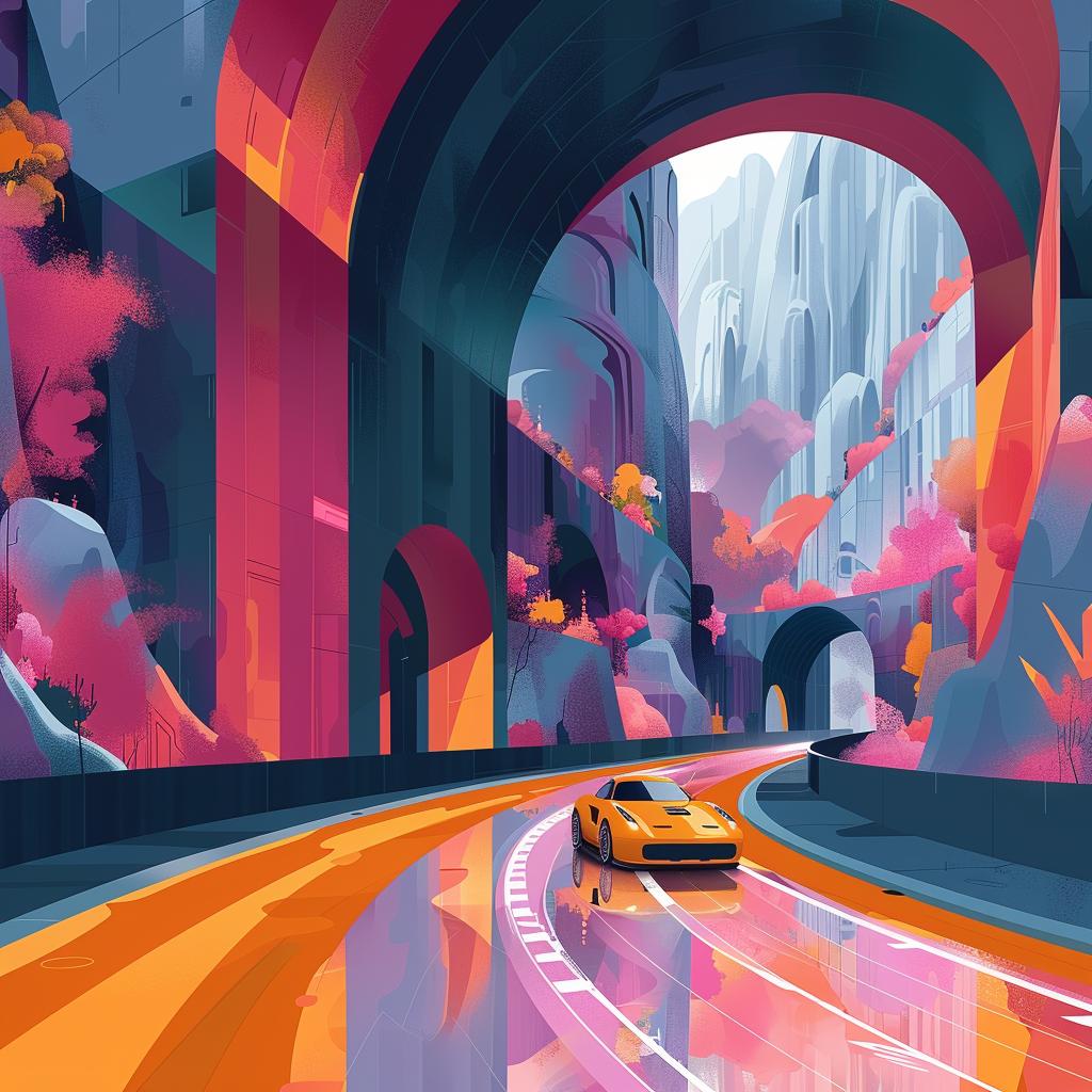 painting  car  tunnel  retrofuturism  aesthetic  detailed  thoughtful  landscape  vibrant  colorful 944422