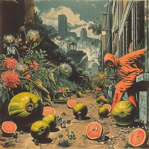 man  orange  suit  watermelons  painting  vibrant  colorful  modern  still-life  chromolithography 1059224