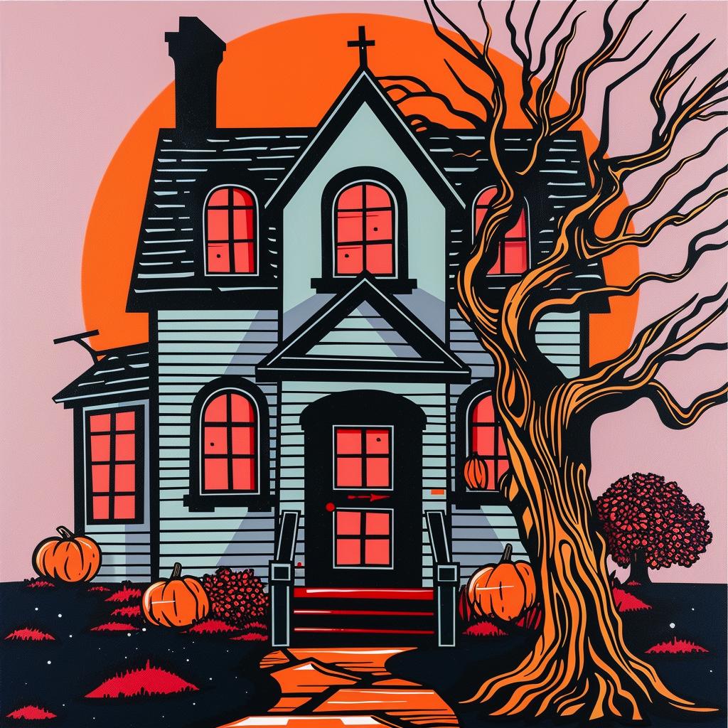Haunted  house  poster  pumpkins  spooky  illustration  fall  Halloween  art  graphic 1022336