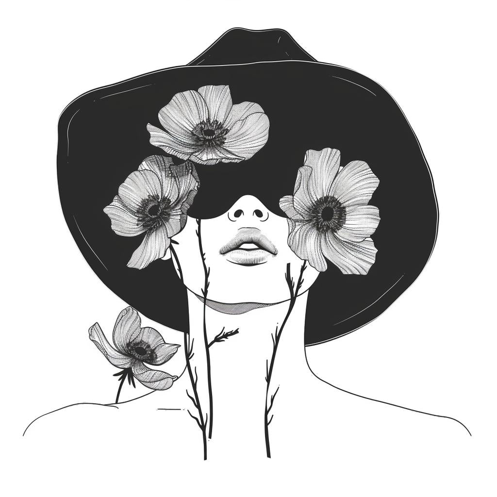 vector  illustration  minimal  boho  woman  flowers  hat  trendy  lineart  graphic 960062