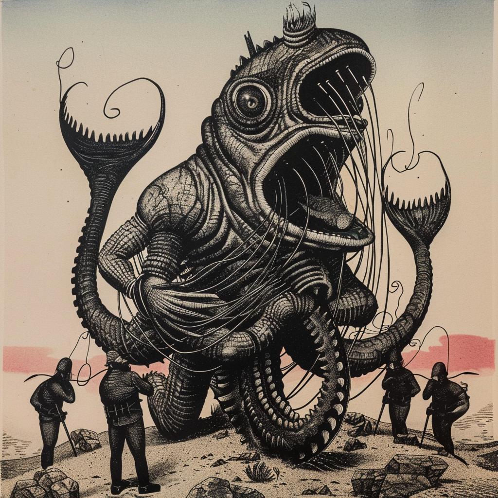 horror  giant  fish  painting  people  standing  surreal  art  design  vintage 948756