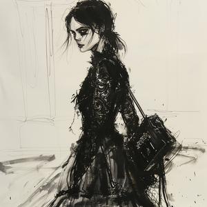 رسم أزياء لامرأة ترتدي فستانًا أسودًا، رسم منصة عرض أزياء لقاتل الموت، رقم 1071531