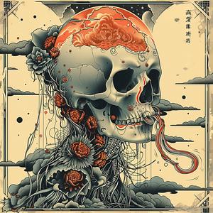 skull  flowers  clouds  dark  symmetry  linocut  tattoo  minimal  orange  blue 1038902