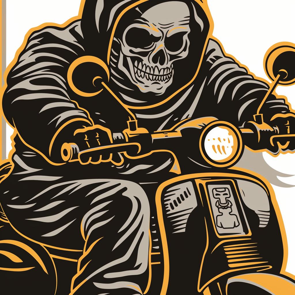 grim  reaper  scooter  blue  yellow  skull  minimal  whimsical  cartoon  happy 955297