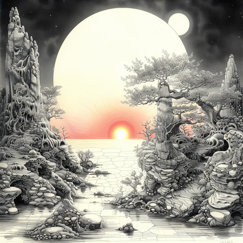 minimal  synthwave  Ukiyo-e  black-and-white  river  trees  landscape  pointillism  chaos  art 916268