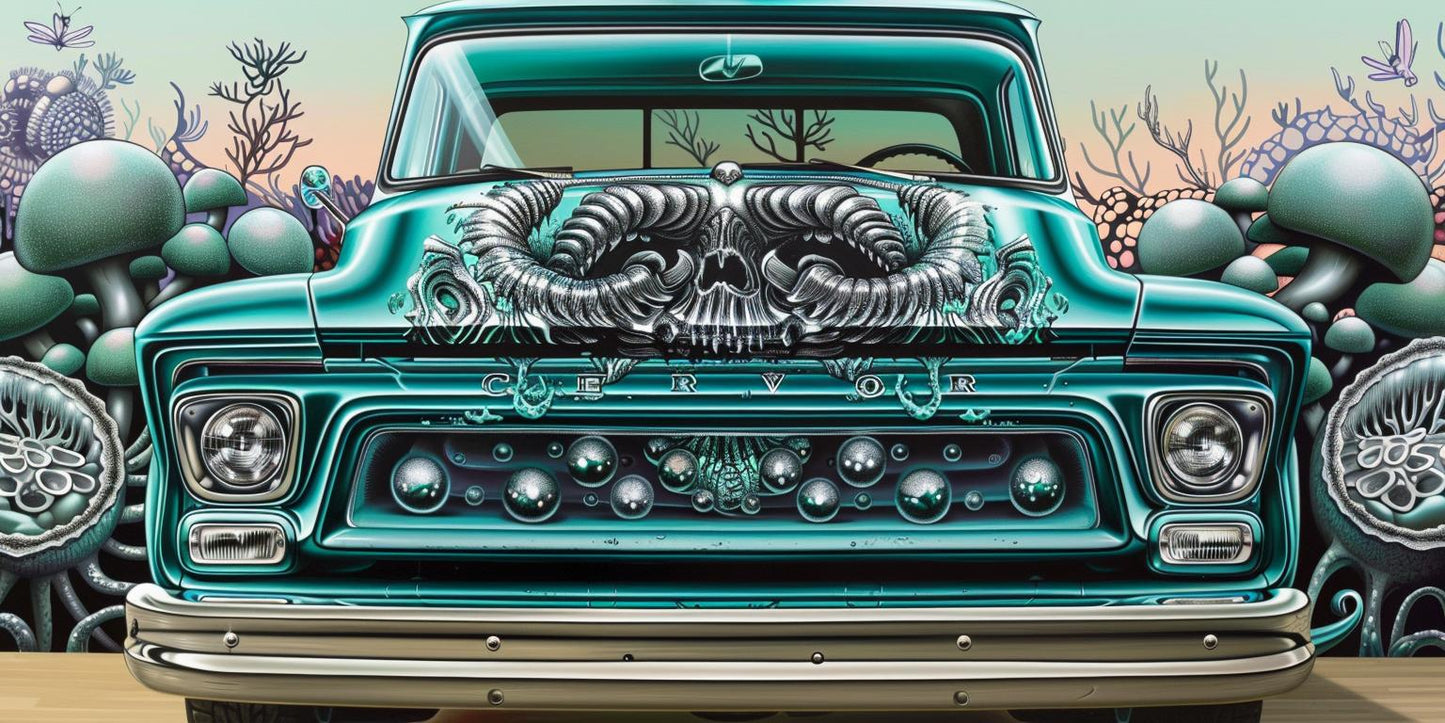 Chevy  C10  design  HG  Giger  white  background  painting  old  truck 1033565