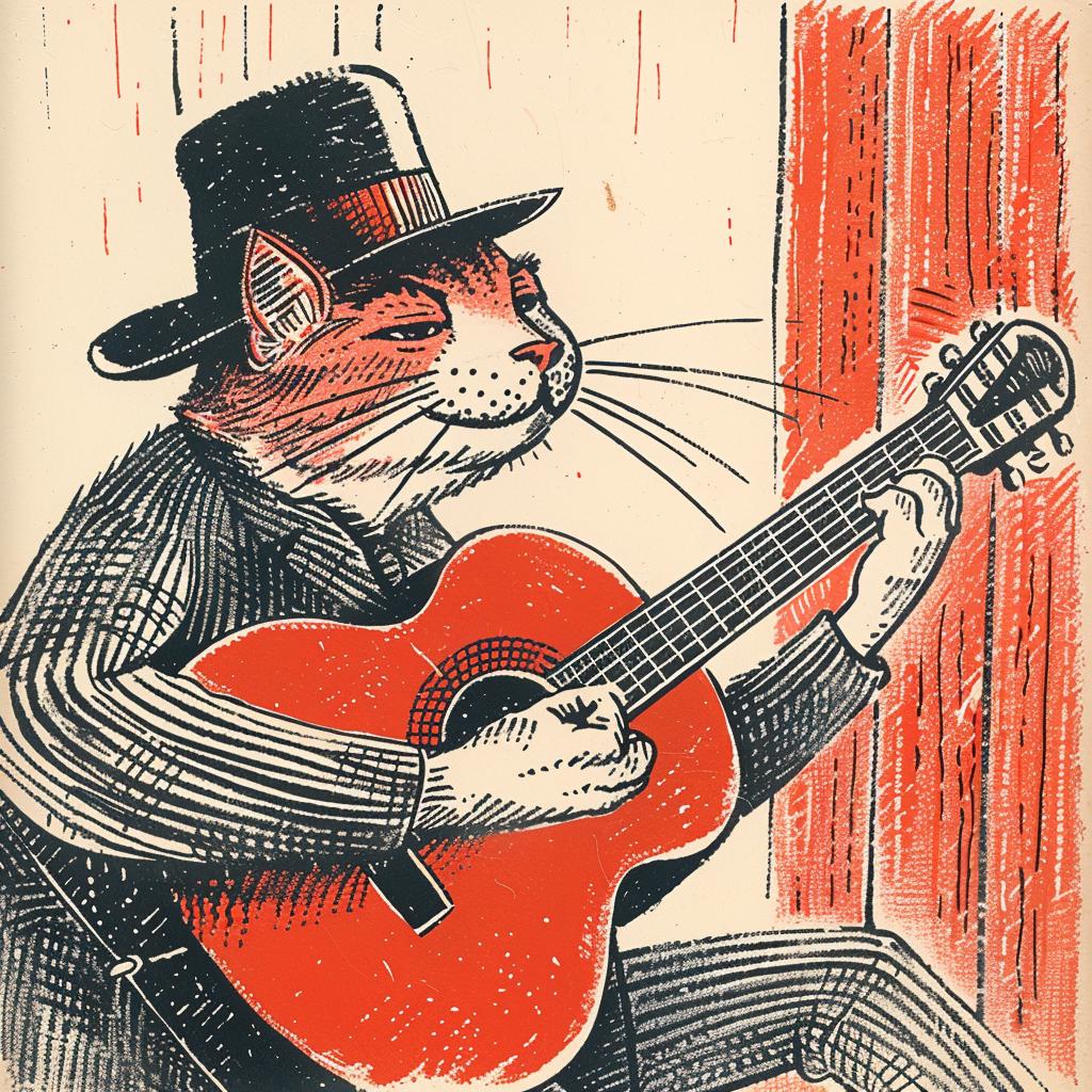 cat  guitar  anthropomorphic  Moebius  Bachalo  music  whimsical  playing  top hat  illustration 922628