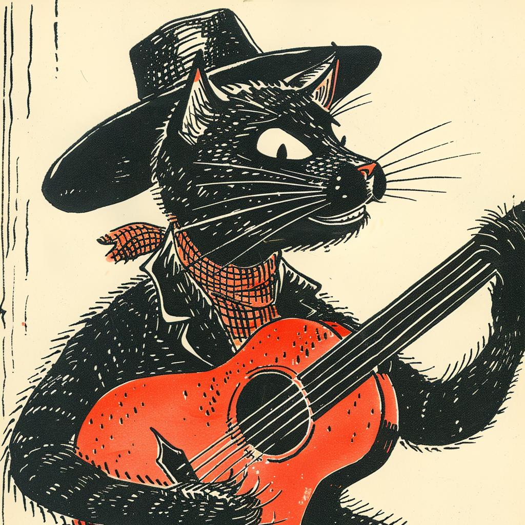 cat  guitar  black  anthropomorphic  Moebius  Bachalo  music  whimsical  top hat  illustration 922626