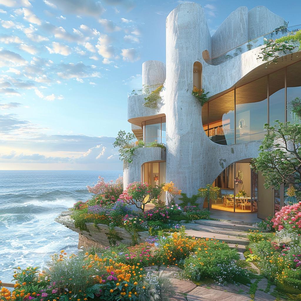 Frank Gehry  architecture  ocean  blue  rendering  cliff  modern  home  flowers  design 1036459