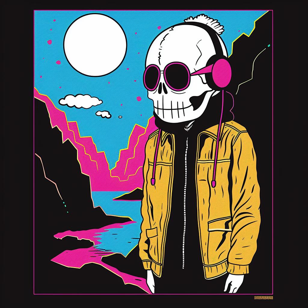 skull  headphones  sunglasses  mountain  surreal  album  cover  colorful  art  Joan 1018904