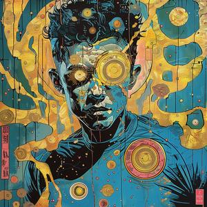 man  vintage  comic  illustration  ArtNouveau  Surrealism  blue  gold  pointillism  circles 1076639