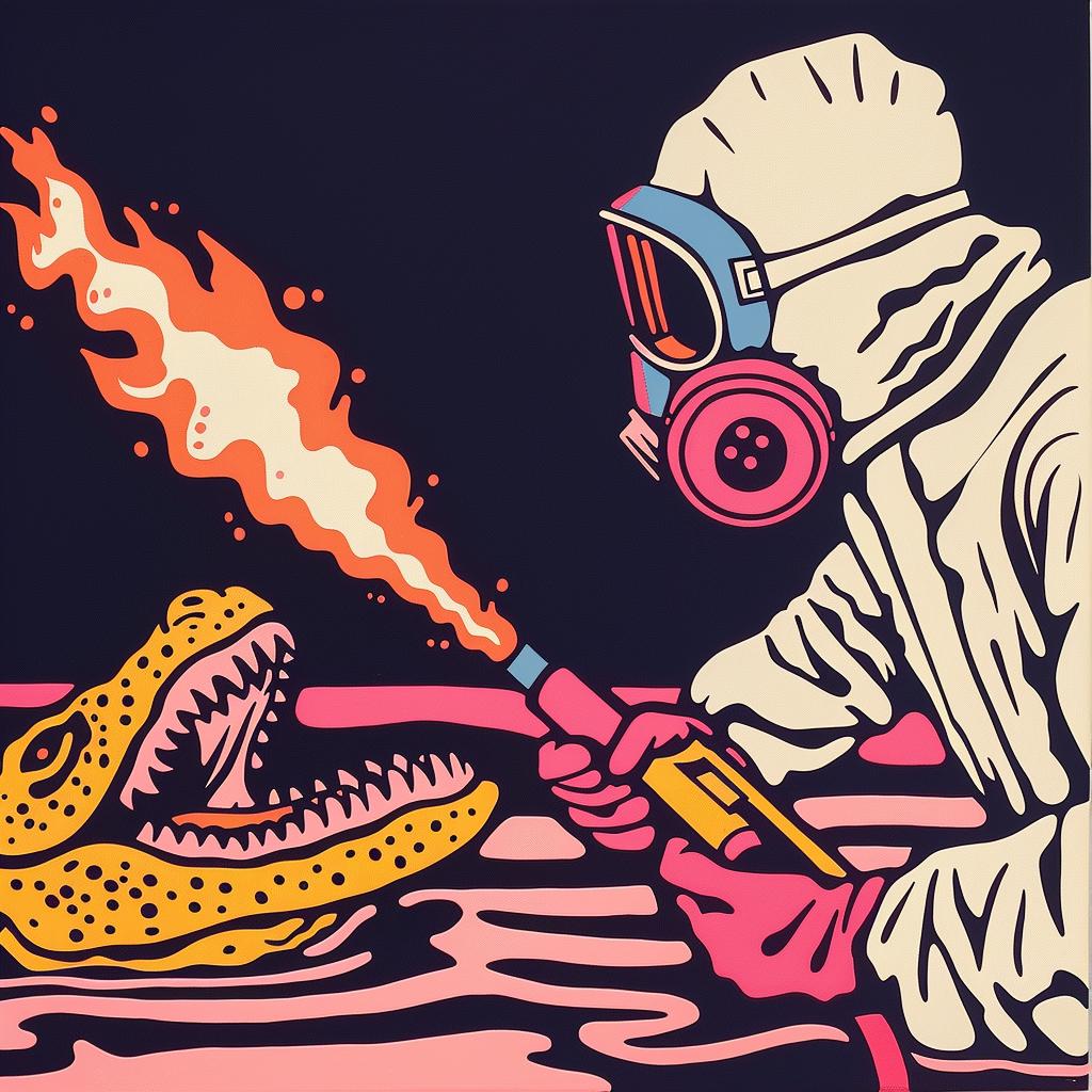 hazmat  suit  flamethrower  sea-monster  gasmask  poster  action  danger  fire  attack 944317