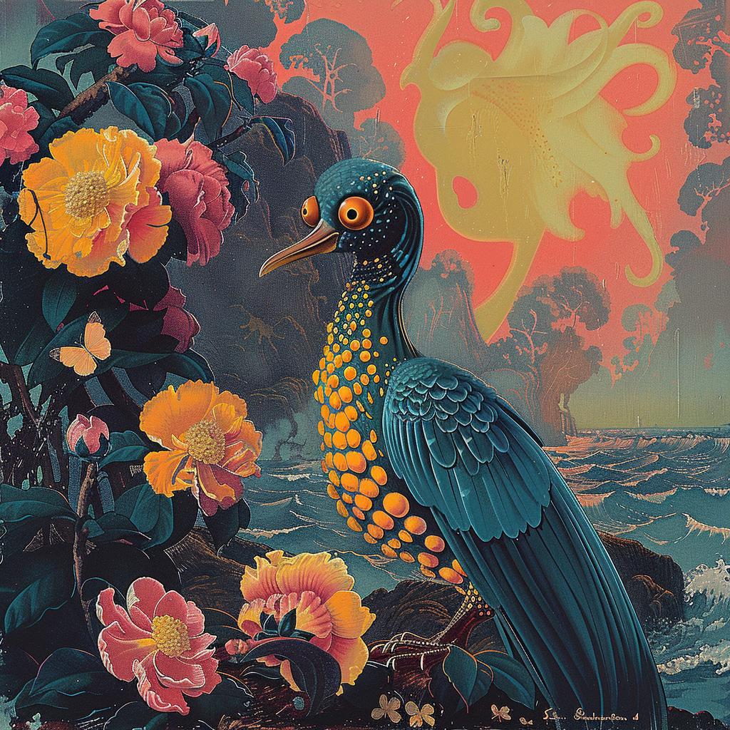 bird  flowers  sun  painting  chromolithography  colorful  nature  artwork  vibrant  scene 1018414