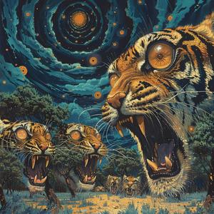 tiger  creatures  ominous  occult  Art Nouveau  Surrealism  pointillism  mystical  gold  indigo 1077096