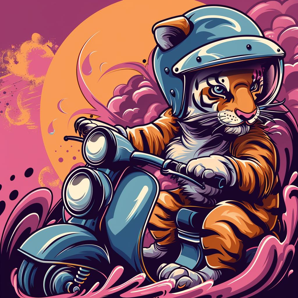 tiger  motorcycle  colorful  background  vibrant  fun  animal  playful  art  illustration 943295