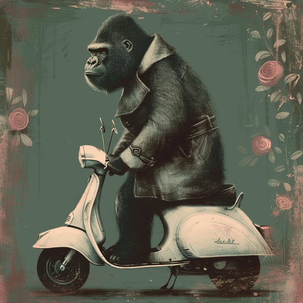 gorilla  trenchcoat  moped  scooter  flowers  playful  humorous  vibrant  whimsical  transportation 1021563