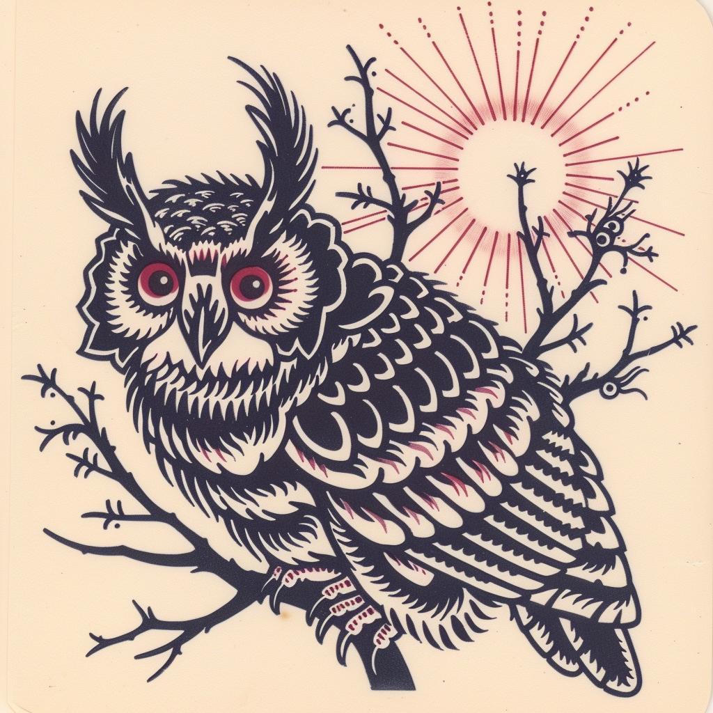 owl  red  black  cream  sun  branch  background  minimal  artnouveau  bold 941412