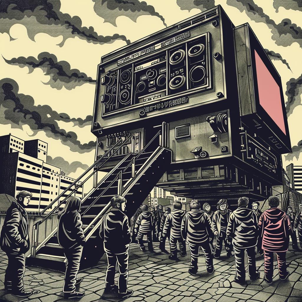 isometric  film  projector  people  futuristic  architecture  line  drawing  muted  colors 943675