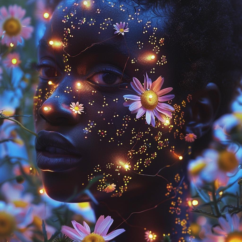 surreal  album  neon  creative  woman  flowers  brown  daisies  art  light 974544