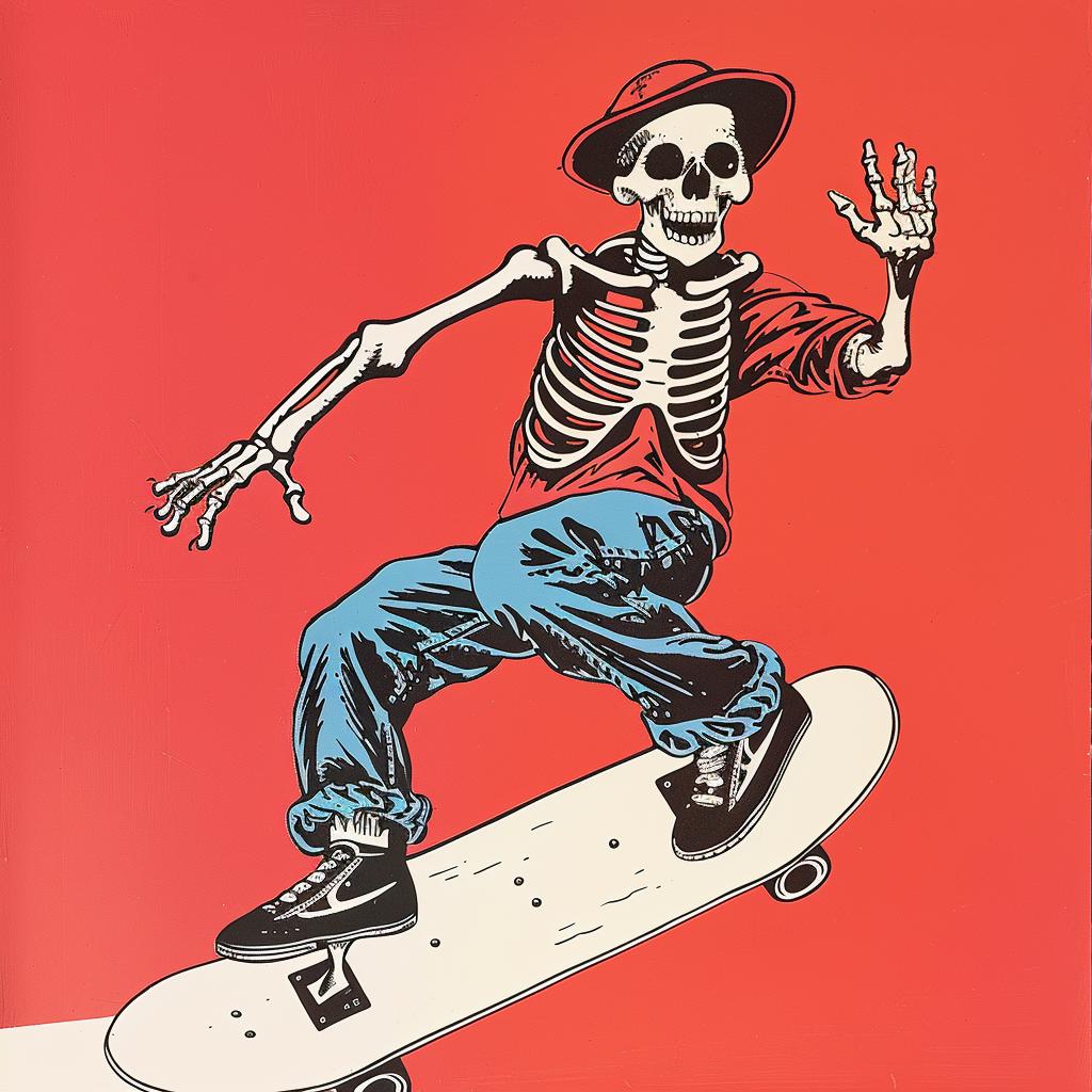 skeleton  skateboard  dynamic  skate  art  playful  humor  vibrant  street  illustration 921694