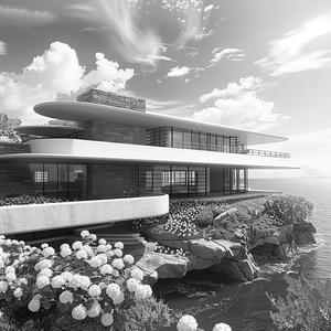 Frank  Lloyd  Wright  ocean  architectural  rendering  black  white  flowers  view 1036488