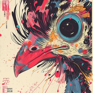 surreal  album  cover  bird  head  colorful  paint  splatters  risograph  hyper-realistic 1065040