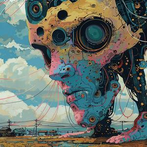 robot  head  gears  digital  vintage  surreal  pointillism  gold  indigo  teal 1076247