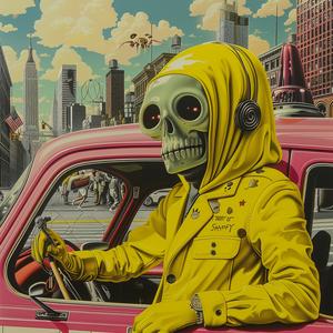skeleton  mask  taxi  chromolithography  whimsical  urban  art  fantasy  humor  character 1037833